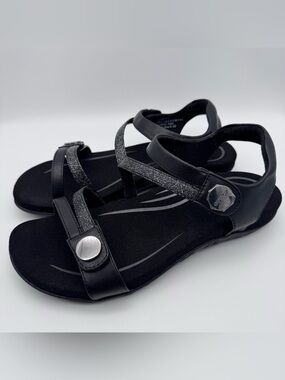 Aetrex Jess Sandals Black Glitter Straps Women Size 10.5-11 Comfort Orthotic